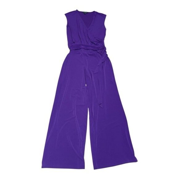 Lauren Ralph Lauren Purple Sleeveless Wide Leg Jumpsuit Size L Stretch Belted - Picture 2 of 9